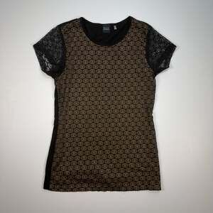 Saks Fifth Avenue BLACK Lace Overlay Short Sleeve Top Size M